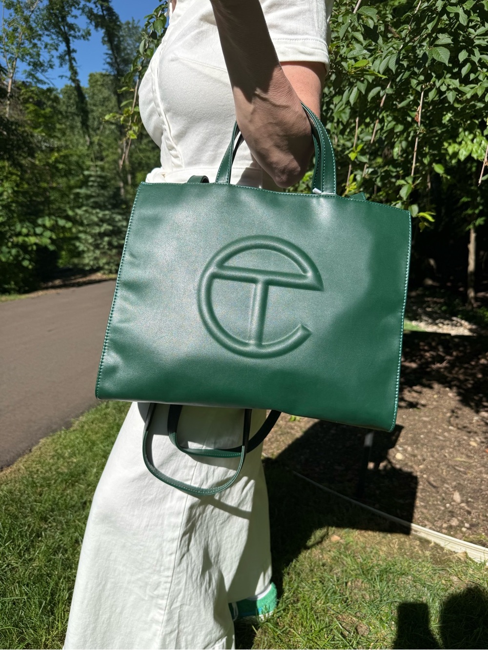 Telfar Medium Shopping Bag in Dark Olive, embossed logo & dual shoulder straps